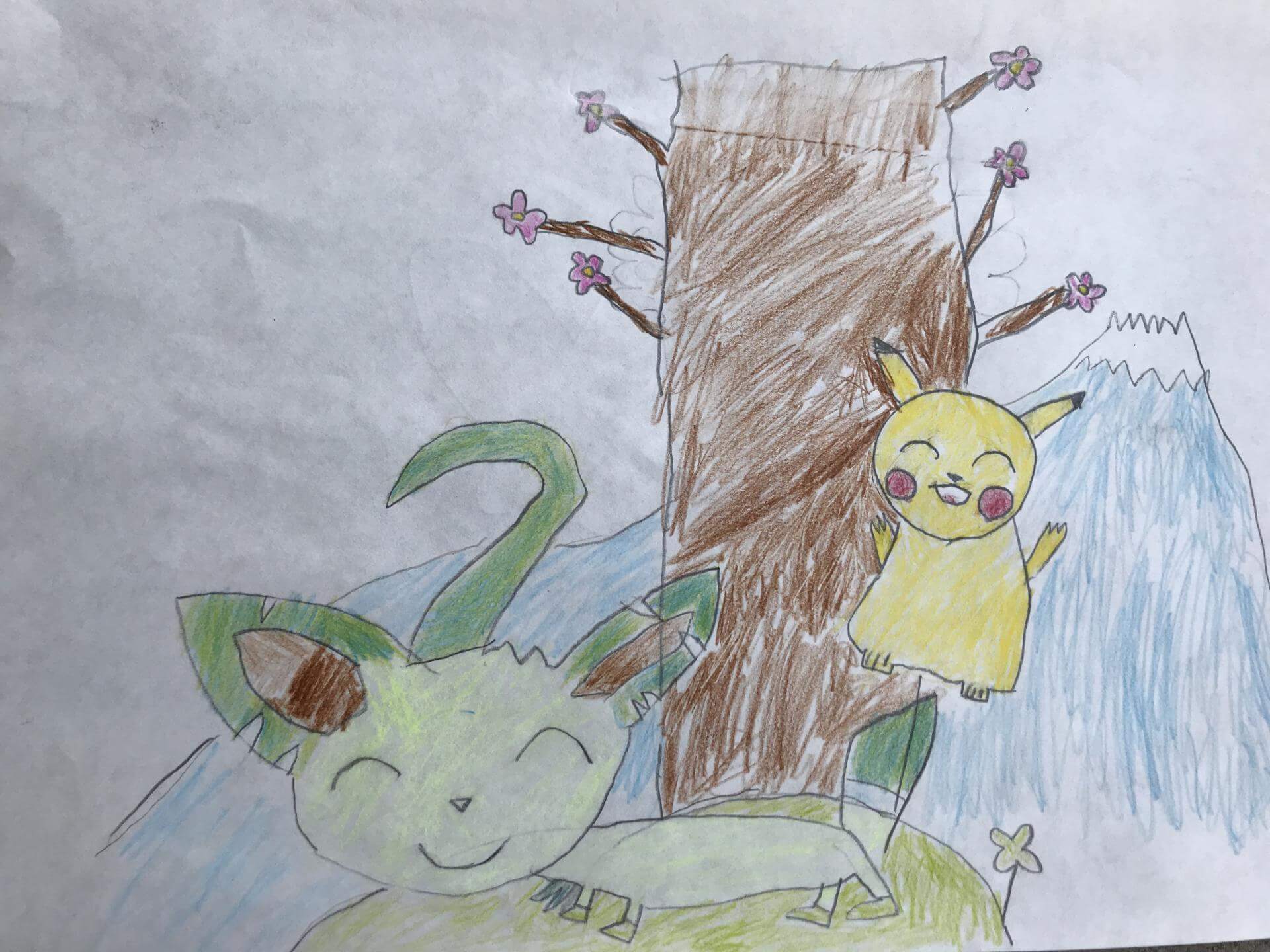 春に遊ぶピカチュウとリーフィア ポケモンキッズイラストコンテスト テーマは ピカチュウとなかよしポケモン 投稿一覧 ポケモンキッズ イラストコンテスト テーマは ピカチュウと仲良しポケモン コンテスト一覧 バンダイによる 遊びと学びのココロ